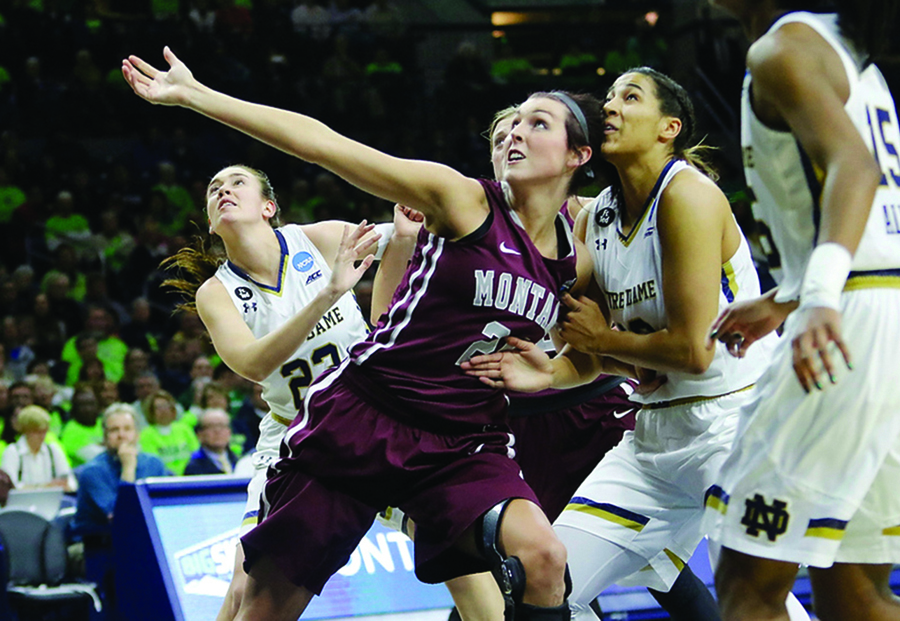 Carly Selvig battles for a rebound against Notre Dame. Photo by  Marcus Snowden)